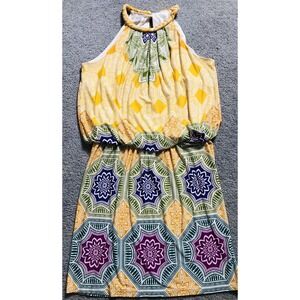 London Times Halter Neck Dress Womens 10 Yellow Abstract Modern Beach Clubwear